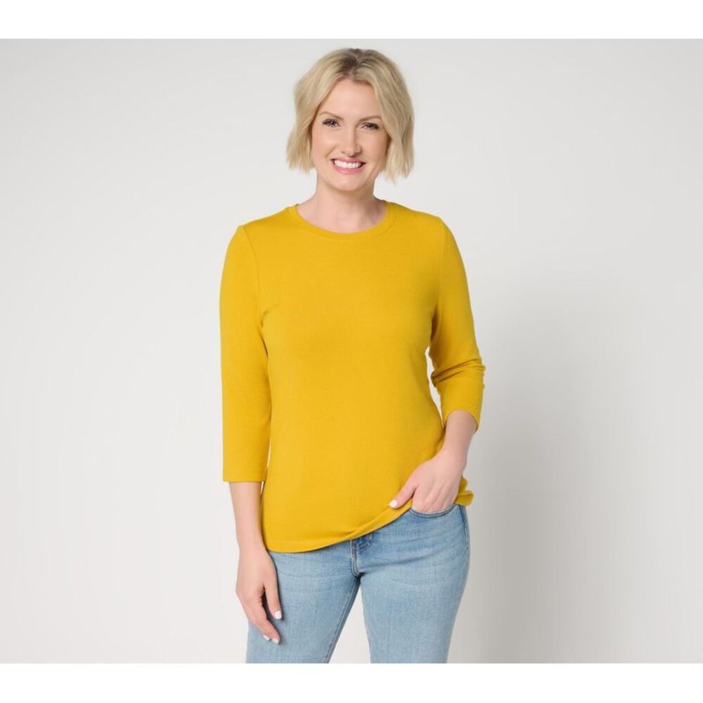 Denim & Co. Women's Top Sz M Essentials Heavenly Jersey Round Neck Yellow